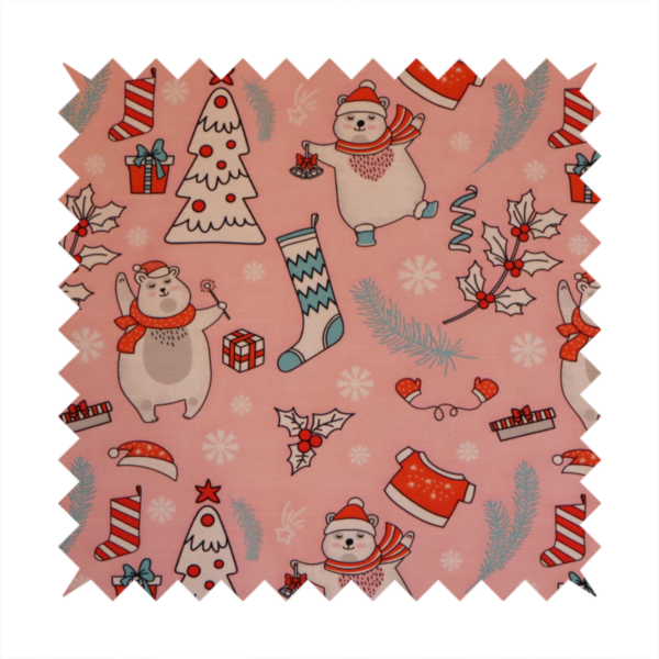 Dancing Polar Bear Pink Winter Wonderland Print Upholstery Fabric DP-66