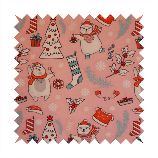 Dancing Polar Bear Pink Winter Wonderland Print Upholstery Fabric DP-66