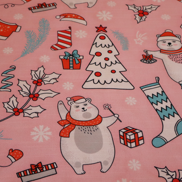 Dancing Polar Bear Pink Winter Wonderland Print Upholstery Fabric DP-66
