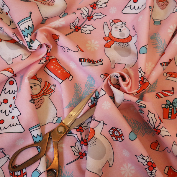 Dancing Polar Bear Pink Winter Wonderland Print Upholstery Fabric DP-66