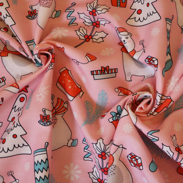 Dancing Polar Bear Pink Winter Wonderland Print Upholstery Fabric DP-66