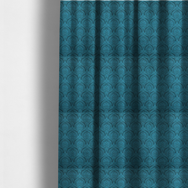 The fabric used to create these made-to-measure curtains is a intricate, repeating damask and paisley design on fabric, featuring elegant, symmetrical motifs.