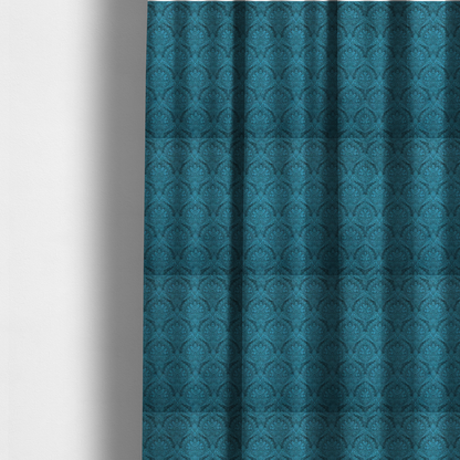 The fabric used to create these made-to-measure curtains is a intricate, repeating damask and paisley design on fabric, featuring elegant, symmetrical motifs.
