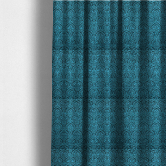 The fabric used to create these made-to-measure curtains is a intricate, repeating damask and paisley design on fabric, featuring elegant, symmetrical motifs.