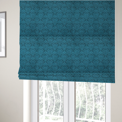 the fabric used to create these Roman blinds is a intricate, repeating damask and paisley design on fabric, featuring elegant, symmetrical motifs.