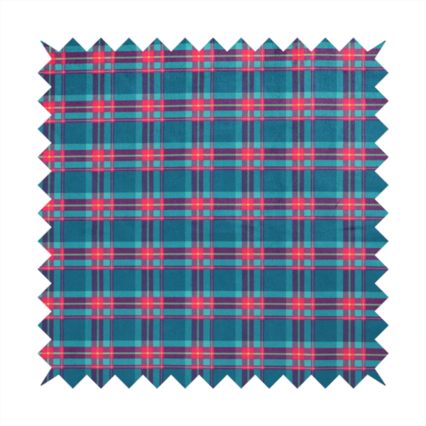 Vibrant teal and pink tartan plaid fabric featuring a classic checked pattern with intersecting lines in rich turquoise, bright magenta, and subtle yellow highlights.
