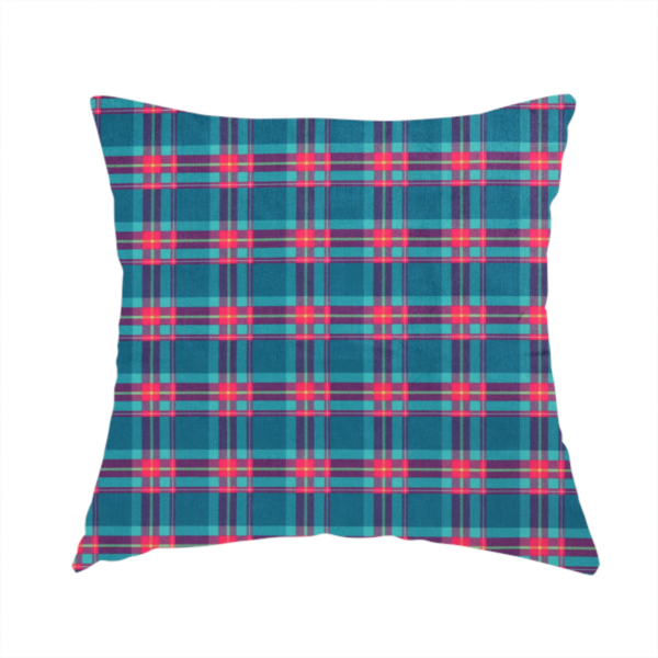 The fabric used to create this handmade cushion is a vibrant teal and pink tartan plaid fabric featuring a classic checked pattern with intersecting lines in rich turquoise, bright magenta, and subtle yellow highlights.