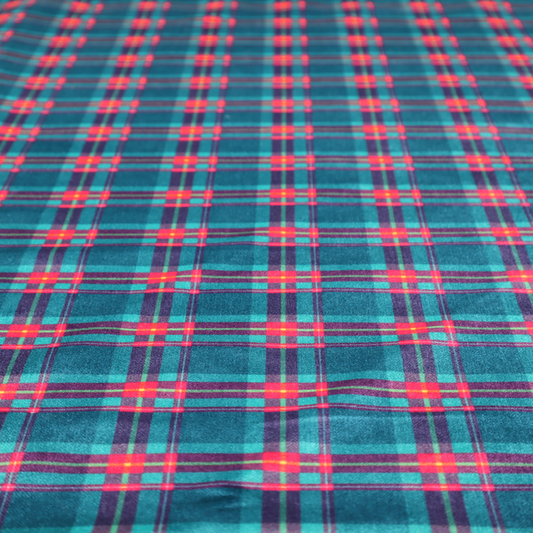 Vibrant teal and pink tartan plaid fabric featuring a classic checked pattern with intersecting lines in rich turquoise, bright magenta, and subtle yellow highlights.