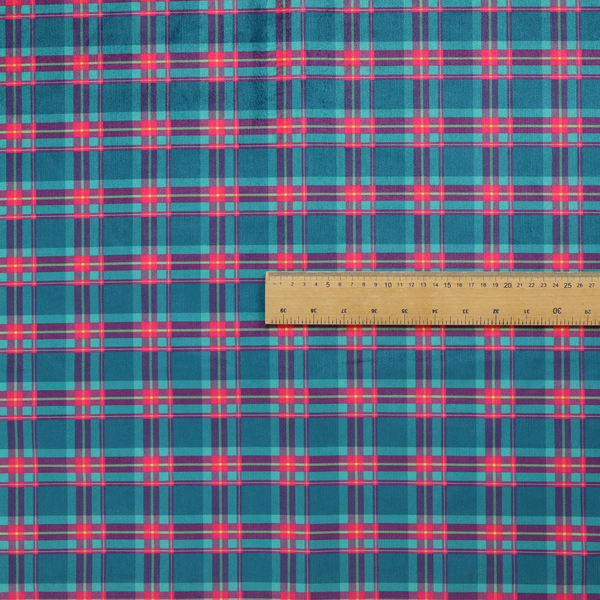 Vibrant teal and pink tartan plaid fabric featuring a classic checked pattern with intersecting lines in rich turquoise, bright magenta, and subtle yellow highlights.