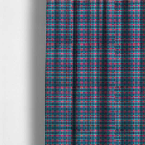 The fabric used to create these made-to-measure curtains is a vibrant teal and pink tartan plaid fabric featuring a classic checked pattern with intersecting lines in rich turquoise, bright magenta, and subtle yellow highlights.