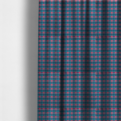 The fabric used to create these made-to-measure curtains is a vibrant teal and pink tartan plaid fabric featuring a classic checked pattern with intersecting lines in rich turquoise, bright magenta, and subtle yellow highlights.