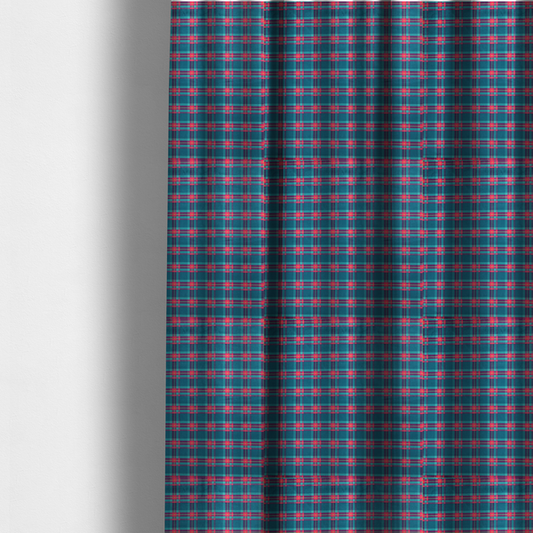 The fabric used to create these made-to-measure curtains is a vibrant teal and pink tartan plaid fabric featuring a classic checked pattern with intersecting lines in rich turquoise, bright magenta, and subtle yellow highlights.