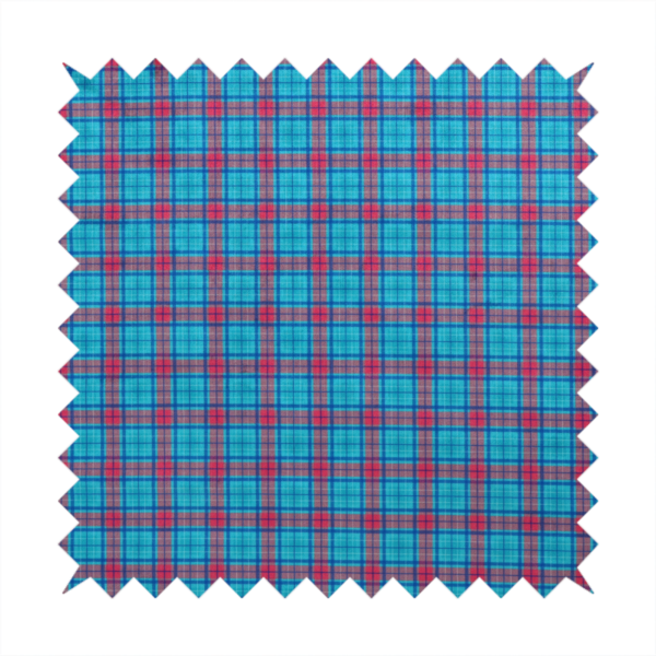 Bright turquoise and red plaid fabric featuring a classic checked pattern with intersecting lines in rich turquoise, vibrant red, and dark blue accents.