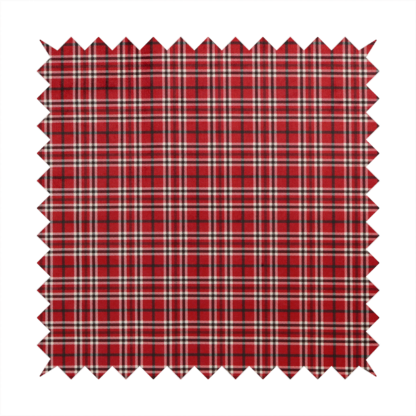 Classic red and black tartan plaid fabric featuring a traditional checked pattern with intersecting lines in rich red, dark black, and subtle white highlights.
