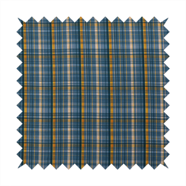 Blue and gold plaid fabric featuring a structured checked pattern with intersecting lines in muted slate blue, deep navy, vibrant gold, and crisp white pin lines.