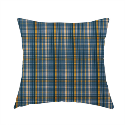 the fabric used to create this handmade cushion is a blue and gold plaid fabric featuring a structured checked pattern with intersecting lines in muted slate blue, deep navy, vibrant gold, and crisp white pin lines.