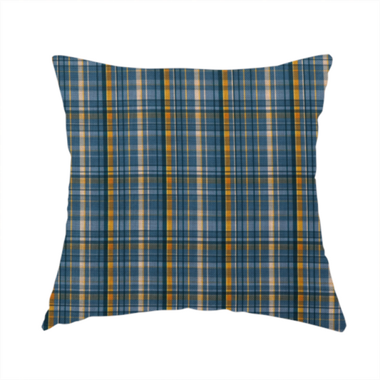 the fabric used to create this handmade cushion is a blue and gold plaid fabric featuring a structured checked pattern with intersecting lines in muted slate blue, deep navy, vibrant gold, and crisp white pin lines.