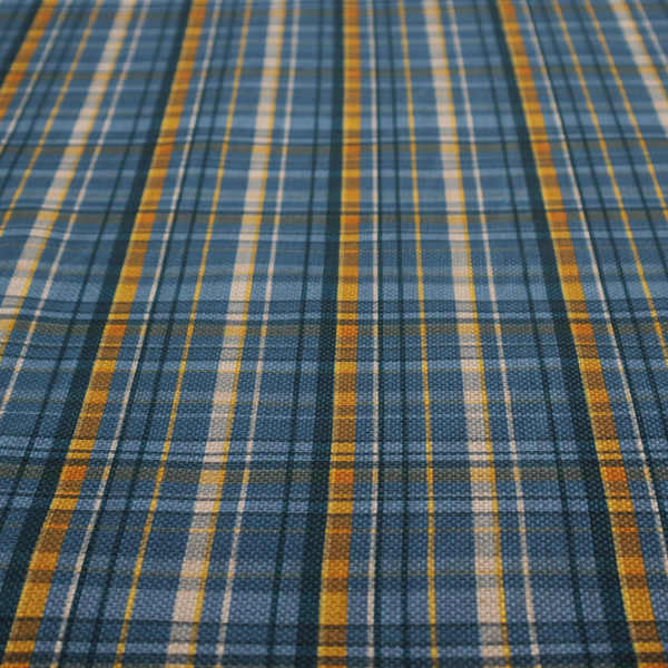 Blue and gold plaid fabric featuring a structured checked pattern with intersecting lines in muted slate blue, deep navy, vibrant gold, and crisp white pin lines.