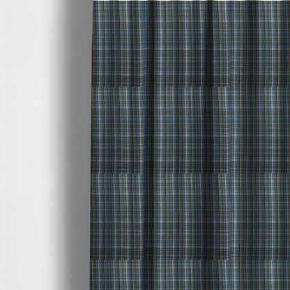 the fabric used to create these made-to-measure curtains is a blue and gold plaid fabric featuring a structured checked pattern with intersecting lines in muted slate blue, deep navy, vibrant gold, and crisp white pin lines.