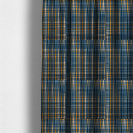 the fabric used to create these made-to-measure curtains is a blue and gold plaid fabric featuring a structured checked pattern with intersecting lines in muted slate blue, deep navy, vibrant gold, and crisp white pin lines.