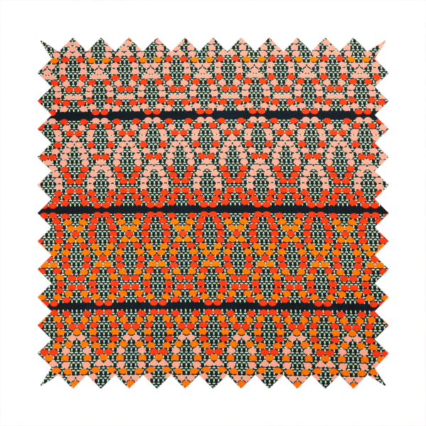 Horizontal bands of intricate geometric designs composed of small dots or bead-like shapes forming repeating lattice and chevron motifs.