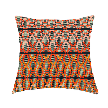 The fabric used to create this handmade cushion is a horizontal bands of intricate geometric designs composed of small dots or bead-like shapes forming repeating lattice and chevron motifs.
