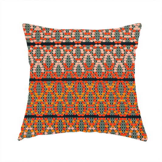 The fabric used to create this handmade cushion is a horizontal bands of intricate geometric designs composed of small dots or bead-like shapes forming repeating lattice and chevron motifs.