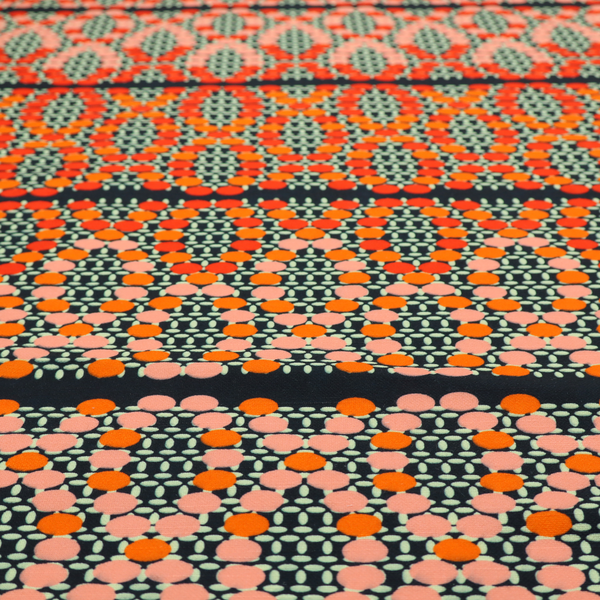 Horizontal bands of intricate geometric designs composed of small dots or bead-like shapes forming repeating lattice and chevron motifs.