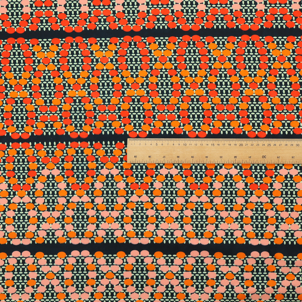 Horizontal bands of intricate geometric designs composed of small dots or bead-like shapes forming repeating lattice and chevron motifs.