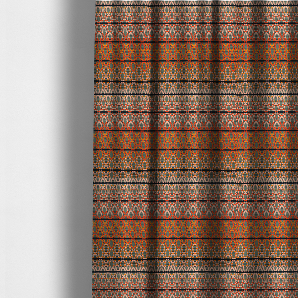 The fabric used to create these made-to-measure curtains is a horizontal bands of intricate geometric designs composed of small dots or bead-like shapes forming repeating lattice and chevron motifs.