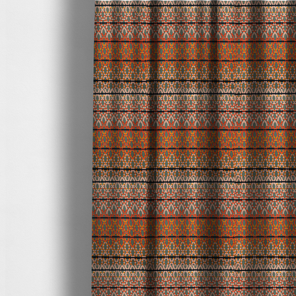 The fabric used to create these made-to-measure curtains is a horizontal bands of intricate geometric designs composed of small dots or bead-like shapes forming repeating lattice and chevron motifs.