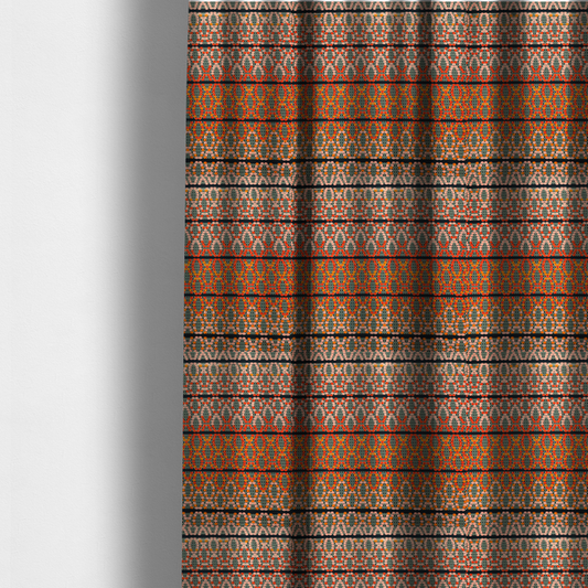 The fabric used to create these made-to-measure curtains is a horizontal bands of intricate geometric designs composed of small dots or bead-like shapes forming repeating lattice and chevron motifs.