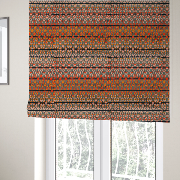 The fabric used to create these Roman blinds is a horizontal bands of intricate geometric designs composed of small dots or bead-like shapes forming repeating lattice and chevron motifs.