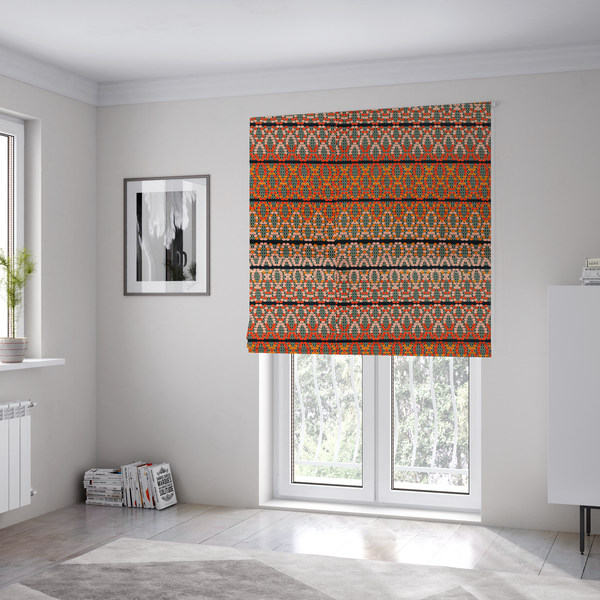 The fabric used to create these Roman blinds is a horizontal bands of intricate geometric designs composed of small dots or bead-like shapes forming repeating lattice and chevron motifs.