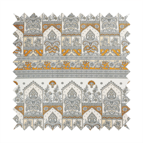 An intricate, traditional Indian-inspired print featuring rows of archways filled with ornate paisleys and floral motifs, separated by decorative borders.