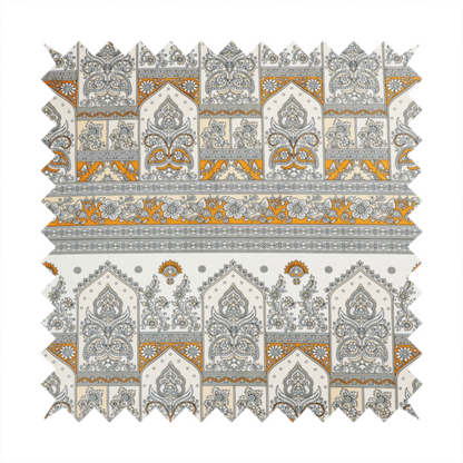 An intricate, traditional Indian-inspired print featuring rows of archways filled with ornate paisleys and floral motifs, separated by decorative borders.