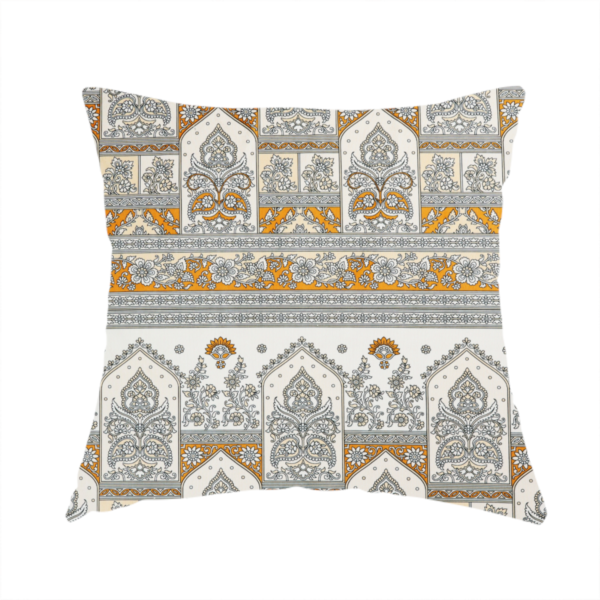 The fabric used to create this handmade cushion is a intricate, traditional Indian-inspired print featuring rows of archways filled with ornate paisleys and floral motifs, separated by decorative borders.