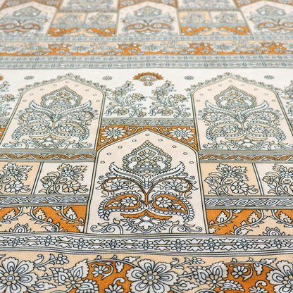 An intricate, traditional Indian-inspired print featuring rows of archways filled with ornate paisleys and floral motifs, separated by decorative borders.