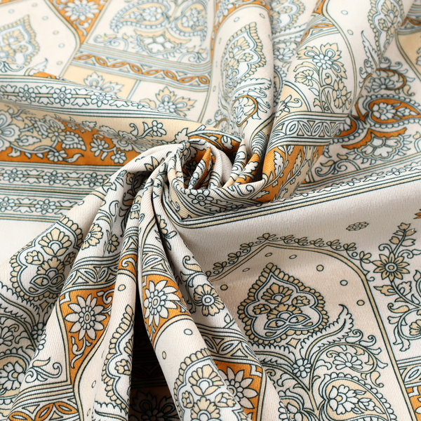 An intricate, traditional Indian-inspired print featuring rows of archways filled with ornate paisleys and floral motifs, separated by decorative borders.