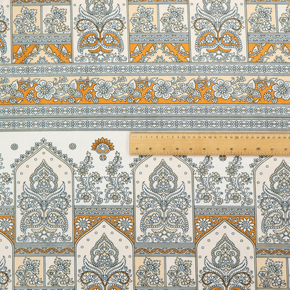 An intricate, traditional Indian-inspired print featuring rows of archways filled with ornate paisleys and floral motifs, separated by decorative borders.