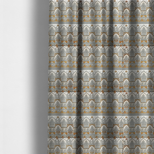 The fabric used to create these made-to-measure curtains is a intricate, traditional Indian-inspired print featuring rows of archways filled with ornate paisleys and floral motifs, separated by decorative borders.