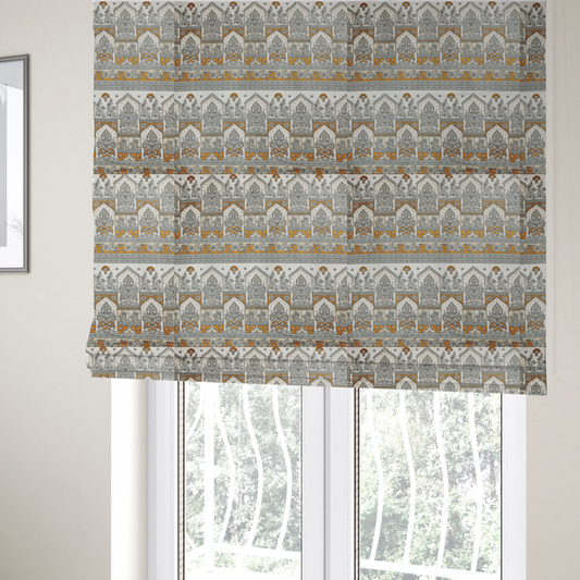 The fabric used to create these Roman blinds is a intricate, traditional Indian-inspired print featuring rows of archways filled with ornate paisleys and floral motifs, separated by decorative borders.