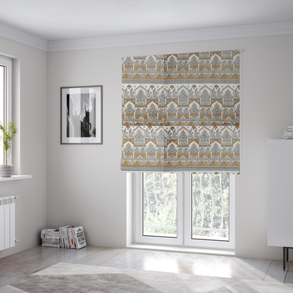 The fabric used to create these Roman blinds is a intricate, traditional Indian-inspired print featuring rows of archways filled with ornate paisleys and floral motifs, separated by decorative borders.