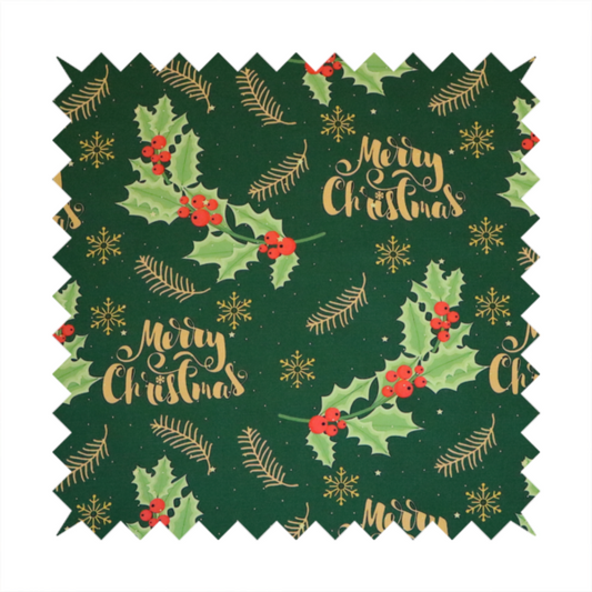 Traditional Holly & Gold Merry Christmas Script Upholstery Fabric DP-67