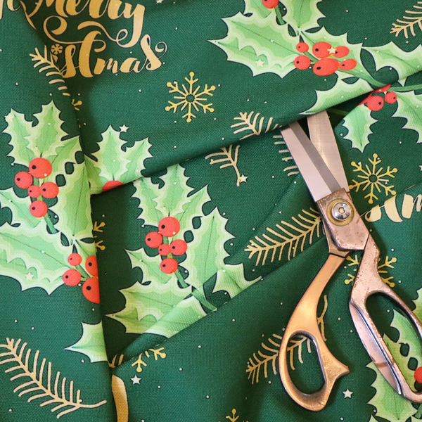 Traditional Holly & Gold Merry Christmas Script Upholstery Fabric DP-67 - Roman Blinds