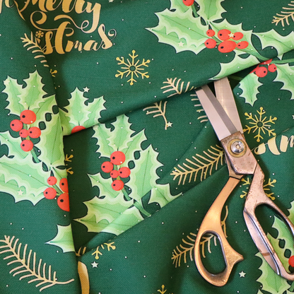 Traditional Holly & Gold Merry Christmas Script Upholstery Fabric DP-67 - Roman Blinds