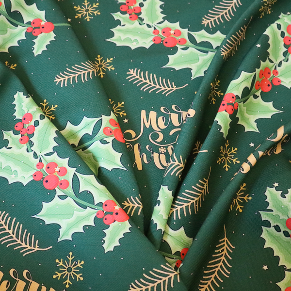 Traditional Holly & Gold Merry Christmas Script Upholstery Fabric DP-67 - Roman Blinds