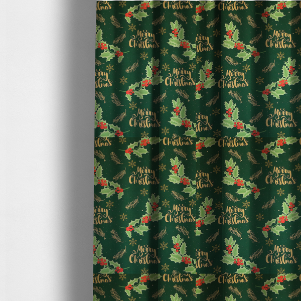 Traditional Holly & Gold Merry Christmas Script Upholstery Fabric DP-67 - Made To Measure Curtains