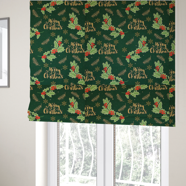 Traditional Holly & Gold Merry Christmas Script Upholstery Fabric DP-67 - Roman Blinds