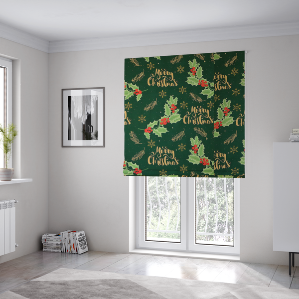 Traditional Holly & Gold Merry Christmas Script Upholstery Fabric DP-67 - Roman Blinds